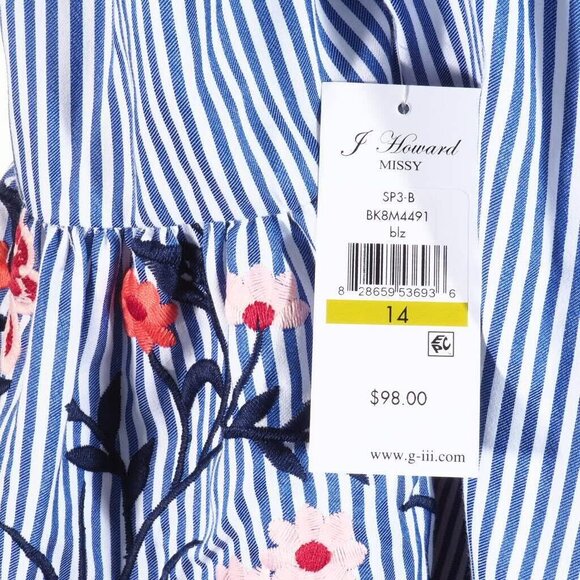 J Howard Dress Size 14 Striped Embroidered Bell Sleeve Blue White Red Beachy - Picture 8 of 9